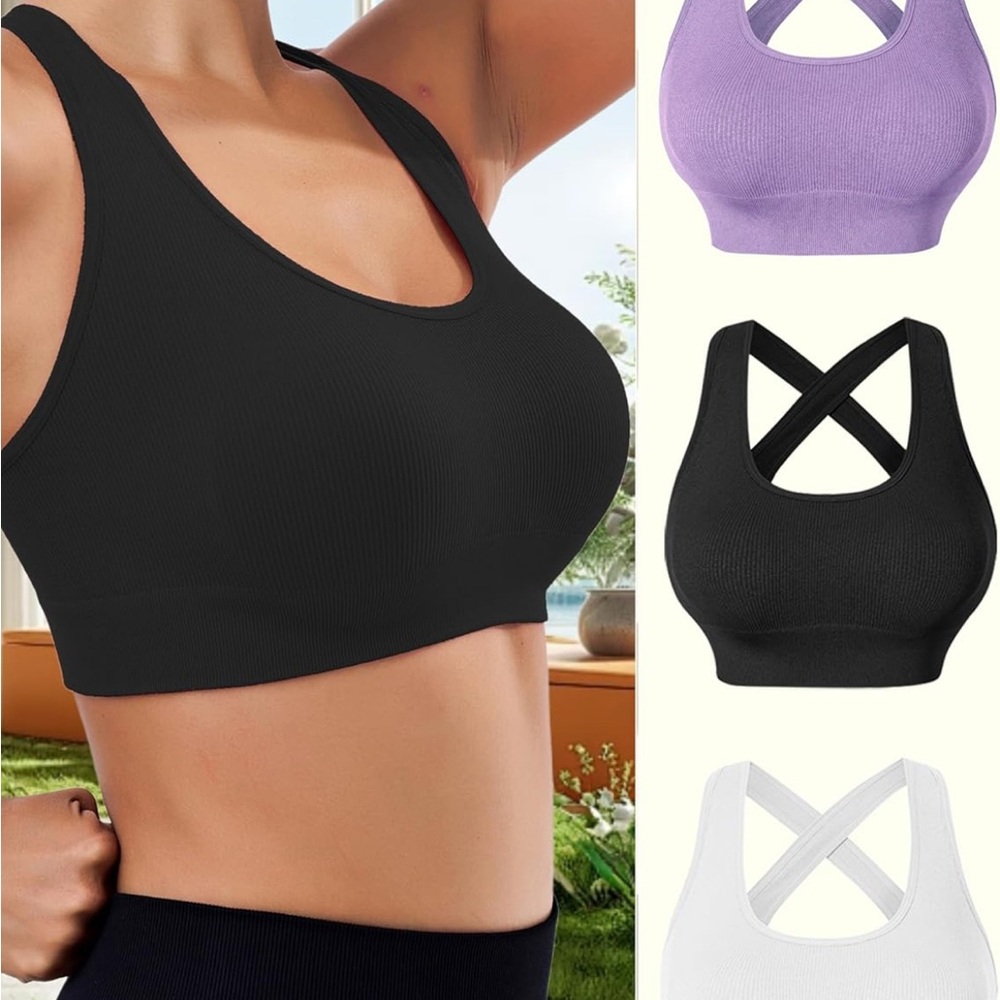 Women's Cross Back Sports Bra - Black, White, Purple